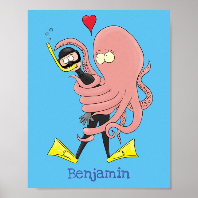 Funny octopus hugs diver cartoon humour  poster (Front)