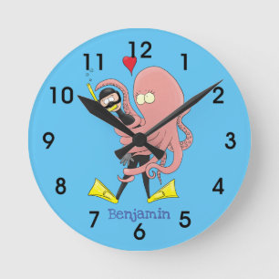 Funny octopus hugs diver cartoon humour round clock