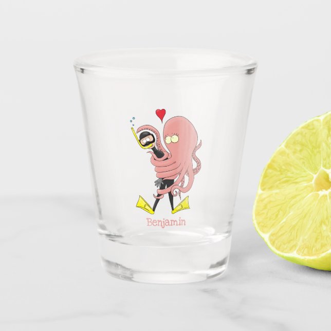Funny octopus hugs diver cartoon humour shot glass (Front)