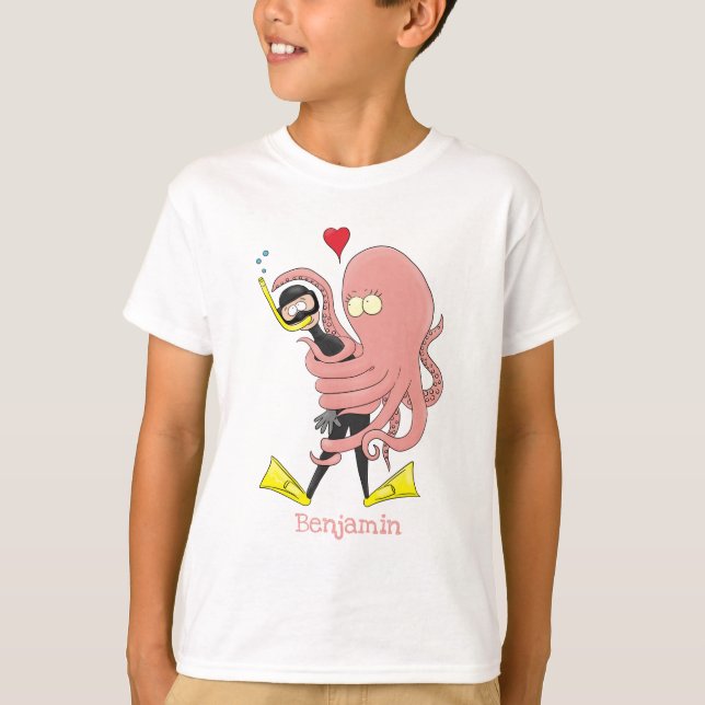 Funny octopus hugs diver cartoon humour  T-Shirt (Front)