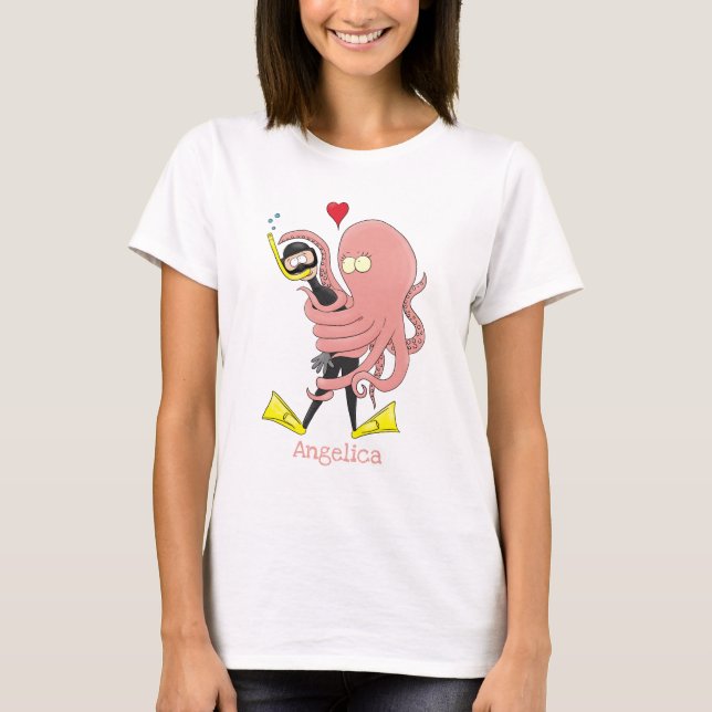 Funny octopus hugs diver cartoon humour T-Shirt (Front)