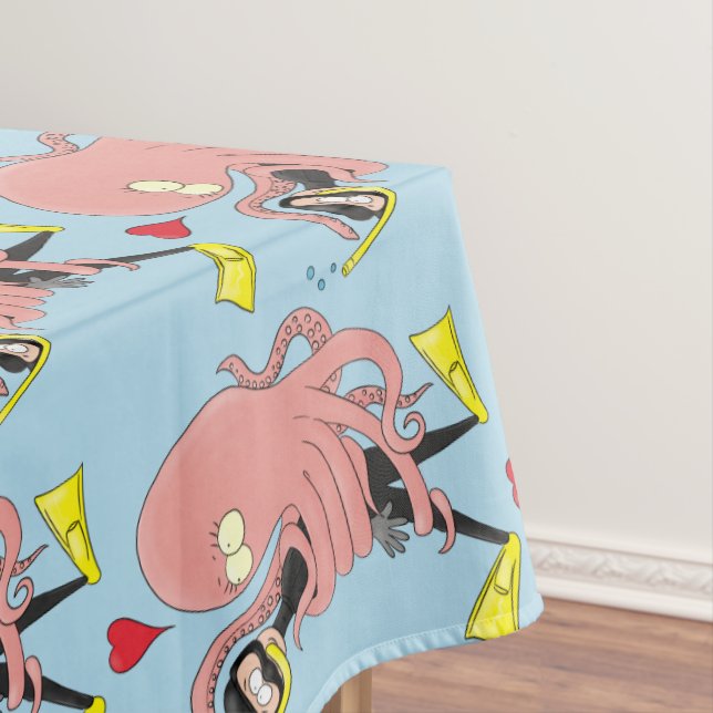 Funny octopus hugs diver cartoon humour tablecloth (In Situ)