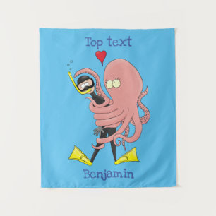 Funny octopus hugs diver cartoon humour tapestry