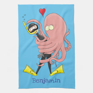 Funny octopus hugs diver cartoon humour tea towel