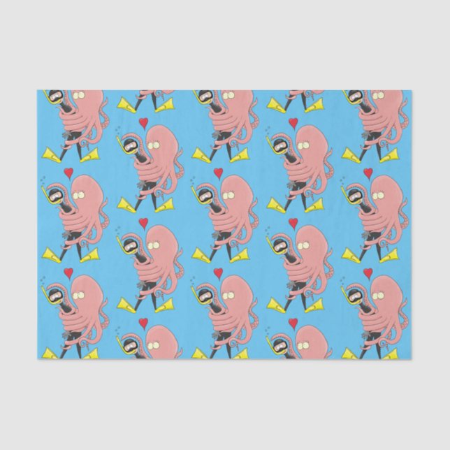 Funny octopus hugs diver cartoon humour tissue paper (Front)