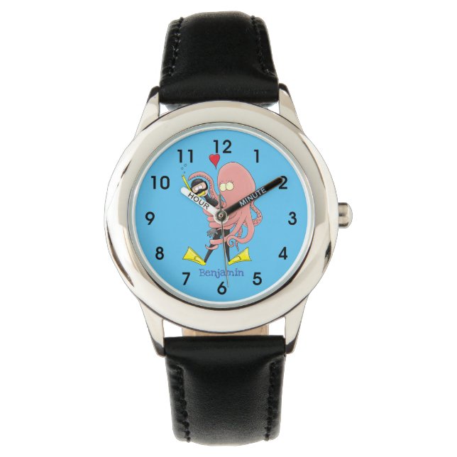 Funny octopus hugs diver cartoon humour watch (Front)