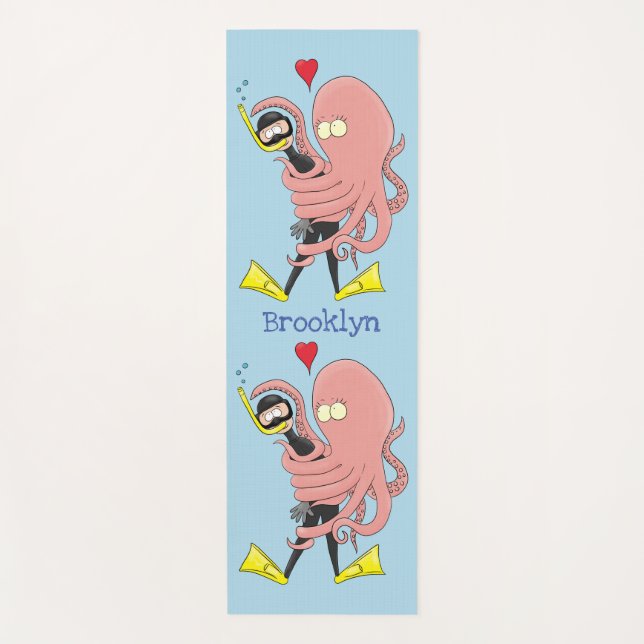 Funny octopus hugs diver cartoon humour yoga mat (Front)