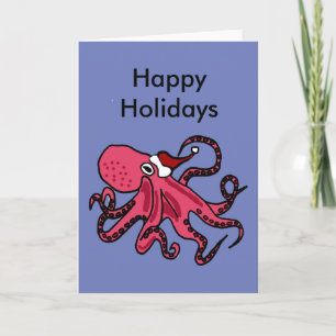 Funny Octopus in Santa Hat Christmas Art Holiday Card