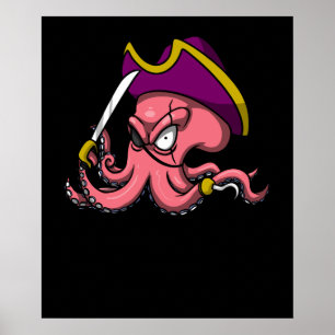 Funny Octopus Pirate Ocean Sailor Captain Poster