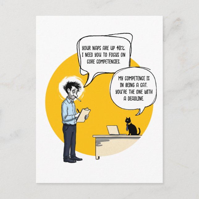 Funny Office Cat Humour Performance Review Meme Postcard (Front)
