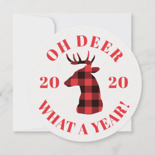 Funny Oh Deer 2020 Buffalo Plaid Photo Holiday Card