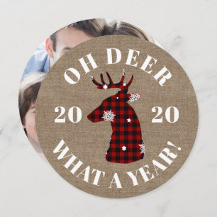 Funny Oh Deer 2020 Plaid Burlap Photo Holiday Card