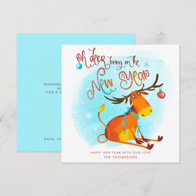 Funny Oh Deer Bring On The New Year Cartoon Holiday Card (Front/Back)