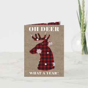 Funny Oh Deer Buffalo Plaid Burlap Christmas Holiday Card