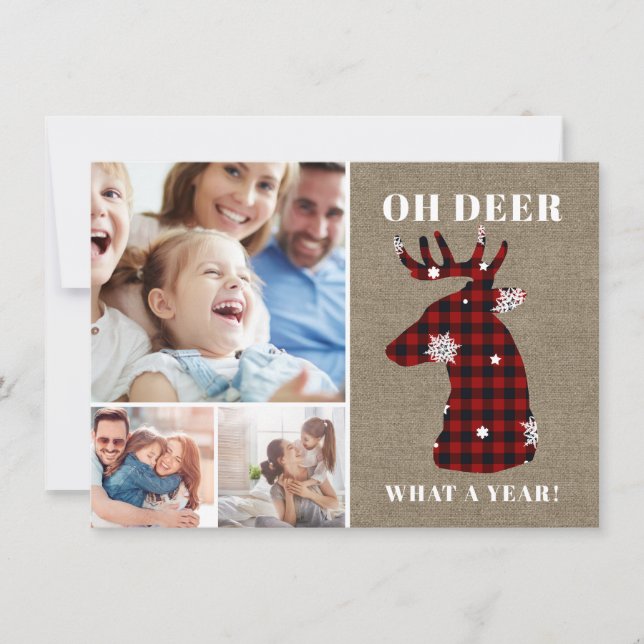 Funny Oh Deer Plaid Snowflakes Photo Collage Holiday Card (Front)