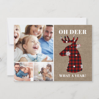 Funny Oh Deer Plaid Snowflakes Photo Collage Holiday Card