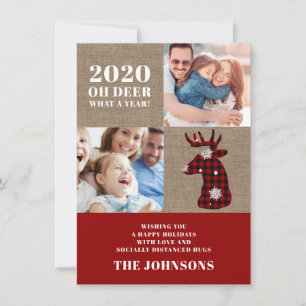 Funny Oh Deer Plaid Snowflakes Photo Collage Holiday Card