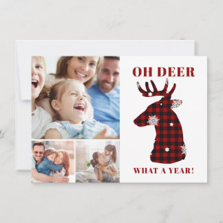 Funny Oh Deer Plaid Snowflakes Photo Collage Holiday Card