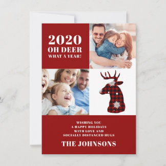 Funny Oh Deer Plaid Snowflakes Photo Collage Holiday Card