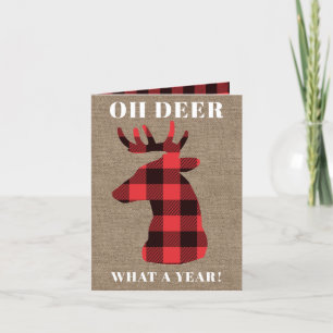 Funny Oh Deer What a Year Buffalo Plaid Burlap Holiday Card