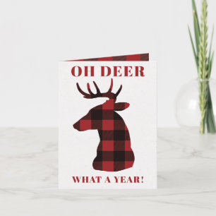 Funny Oh Deer What a Year Buffalo Plaid Deer Holiday Card