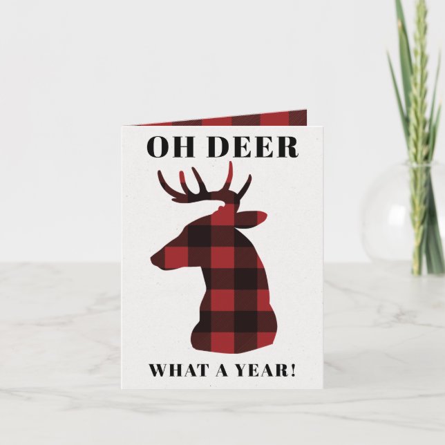 Funny Oh Deer What a Year Buffalo Plaid Deer Holiday Card (Front)