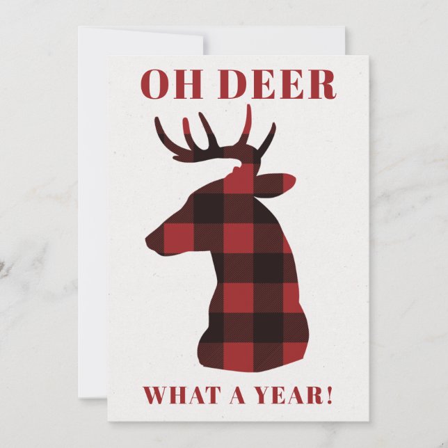 Funny Oh Deer What a Year Buffalo Plaid Holiday Card (Front)