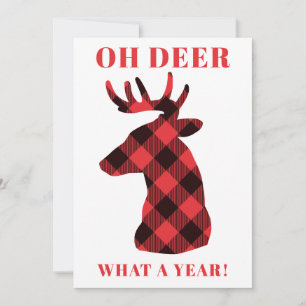 Funny Oh Deer What a Year Buffalo Plaid Holiday Card