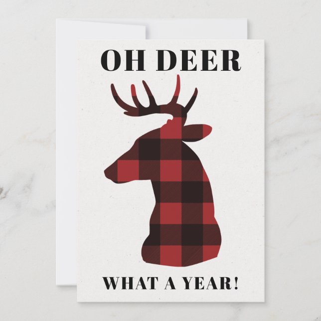 Funny Oh Deer What a Year Buffalo Plaid Holiday Card (Front)