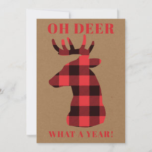 Funny Oh Deer What a Year Buffalo Plaid Kraft Holiday Card