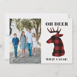 Funny Oh Deer What a Year Buffalo Plaid Photo Holiday Card