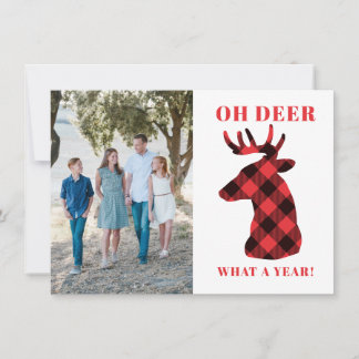 Funny Oh Deer What a Year Buffalo Plaid Photo Holiday Card