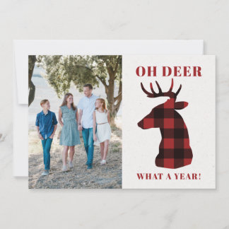 Funny Oh Deer What a Year Buffalo Plaid Photo Holiday Card