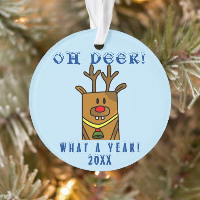 Funny Oh Deer What a Year Cartoon Reindeer Ornament (Tree)