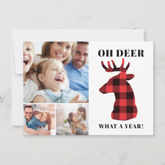 Funny Oh Deer What a Year Plaid Photo Collage Holiday Card