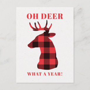 Funny Oh Deer What a Year Red Buffalo Plaid Deer Holiday Postcard