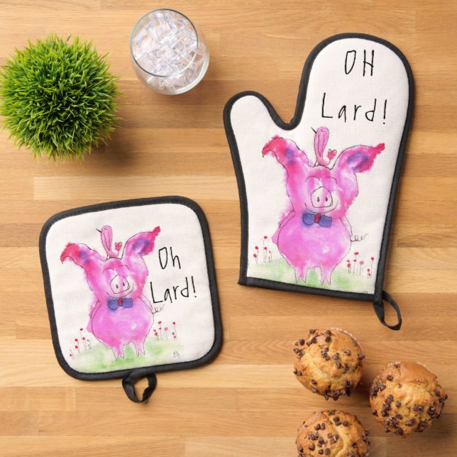 Funny Oh Lard Pig Oven Mitt & Pot Holder Set (Top Down)