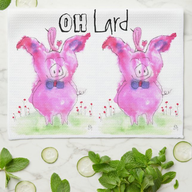 Funny Oh Lard Pink Pig Kitchen Towel (Folded)