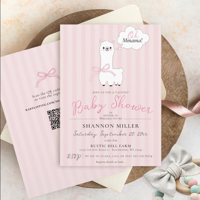 Funny Oh Mmama Llama Cute Pink Baby Girl Shower Invitation (Funny Oh Mmama Llama girly farm animal pink bow stripes baby girl QR code modern shower invitation )