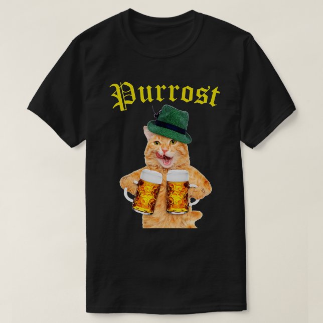 Funny Oktoberfest Cat - Kitty Drinking Beer Purros T-Shirt (Design Front)