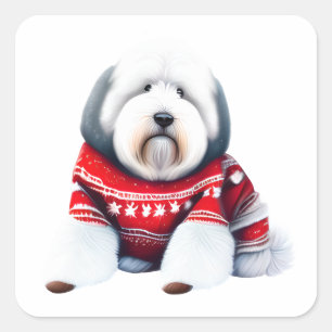 Funny Old English Sheepdog in Christmas Sweater Square Sticker