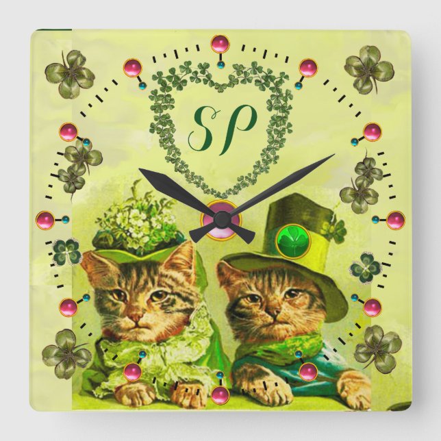 FUNNY OLD FASHION ST.PATRICK'S CATS,HEART MONOGRAM SQUARE WALL CLOCK (Front)