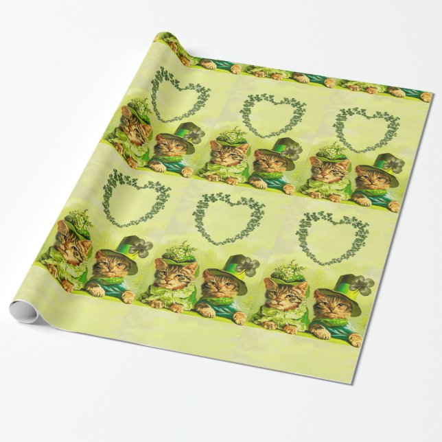 FUNNY OLD FASHION ST.PATRICK'S DAY CATS WITH HEART WRAPPING PAPER (Unrolled)