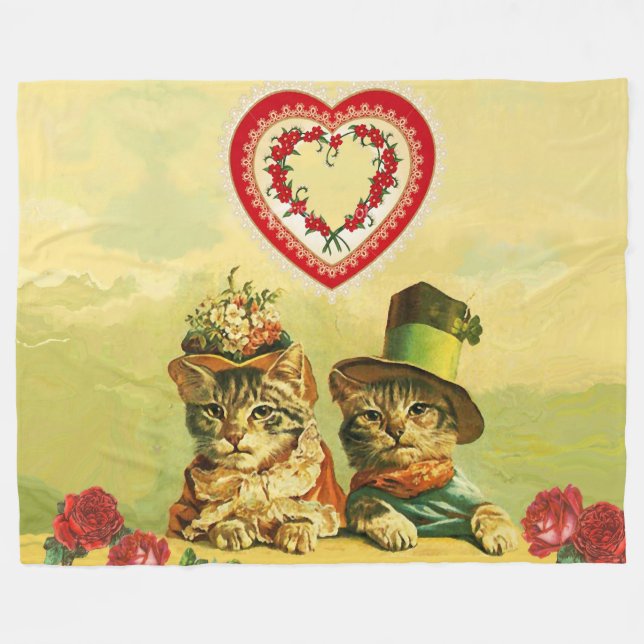 FUNNY OLD FASHION VALENTINE'S DAY CATS,Heart,Roses Fleece Blanket (Front (Horizontal))