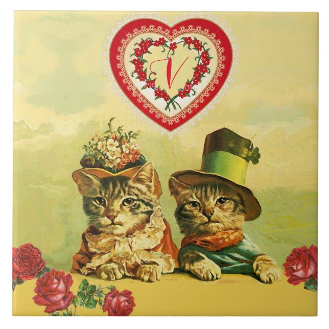 FUNNY OLD FASHION VALENTINE'S DAY CATS,Heart,Roses Tile (Front)