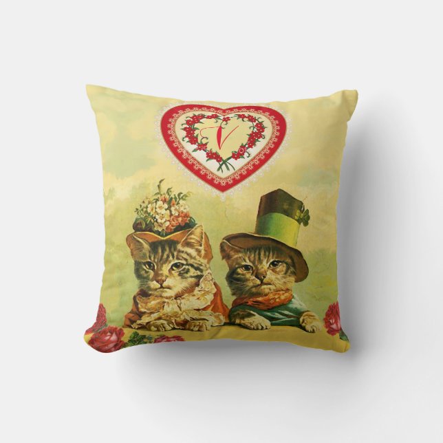 FUNNY OLD FASHION VALENTINES DAY CATS,Hearts,Roses Cushion (Front)