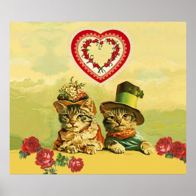 FUNNY OLD FASHION VALENTINES DAY CATS,Hearts,Roses Poster (Front)