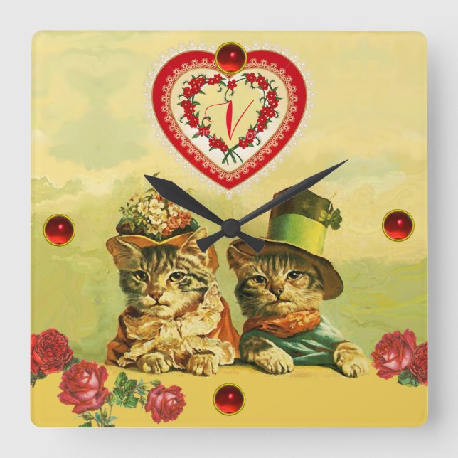 FUNNY OLD FASHION VALENTINES DAY CATS,Hearts,Roses Square Wall Clock (Front)