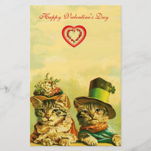 FUNNY OLD FASHION VALENTINE'S DAY CATS WITH HEART STATIONERY