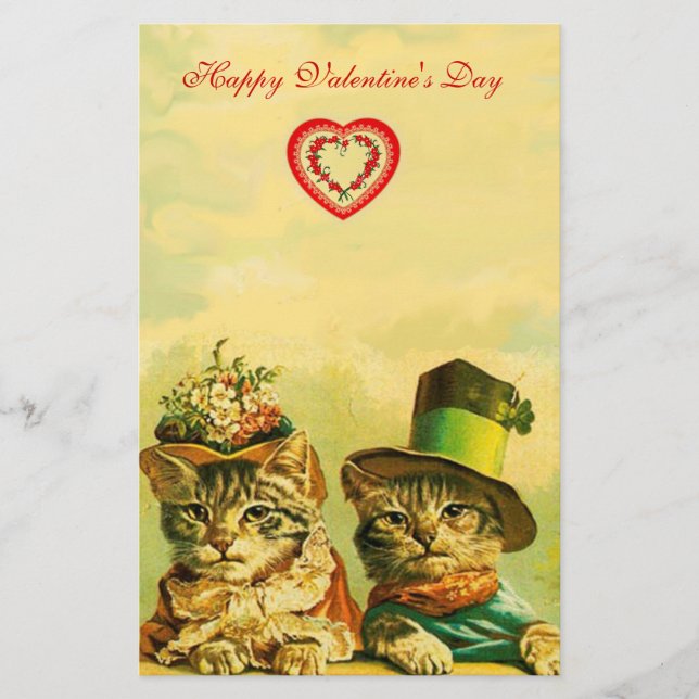 FUNNY OLD FASHION VALENTINE'S DAY CATS WITH HEART STATIONERY (Front)
